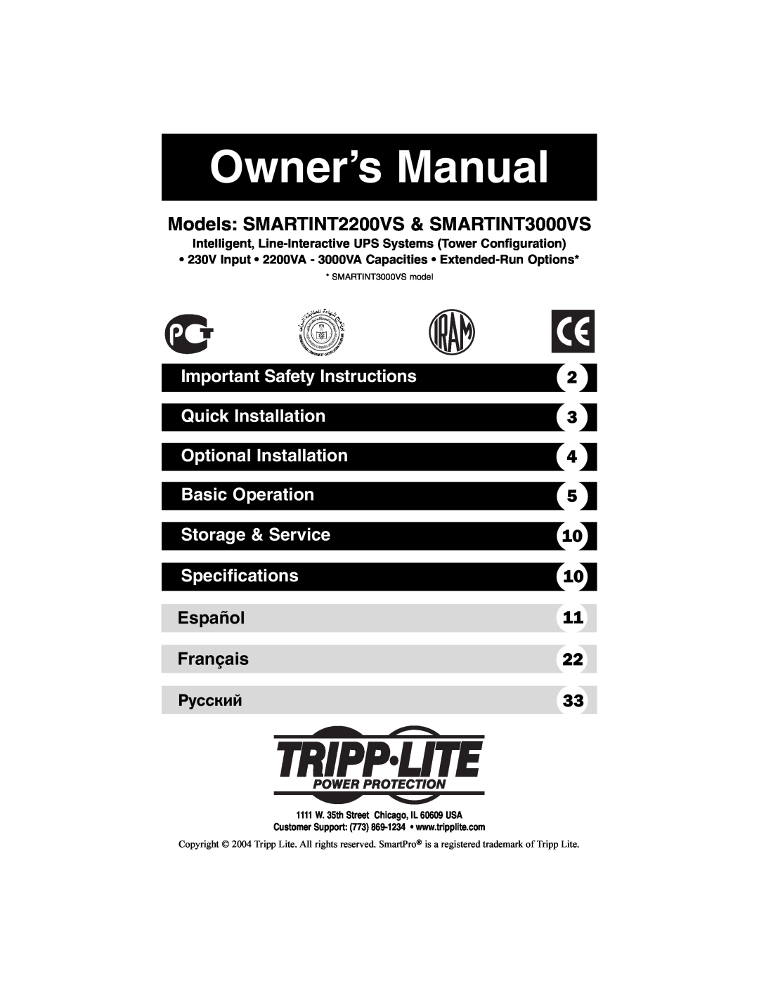Tripp Lite SMARTINT2200VS owner manual Important Safety Instructions, Quick Installation, Optional Installation, Español 