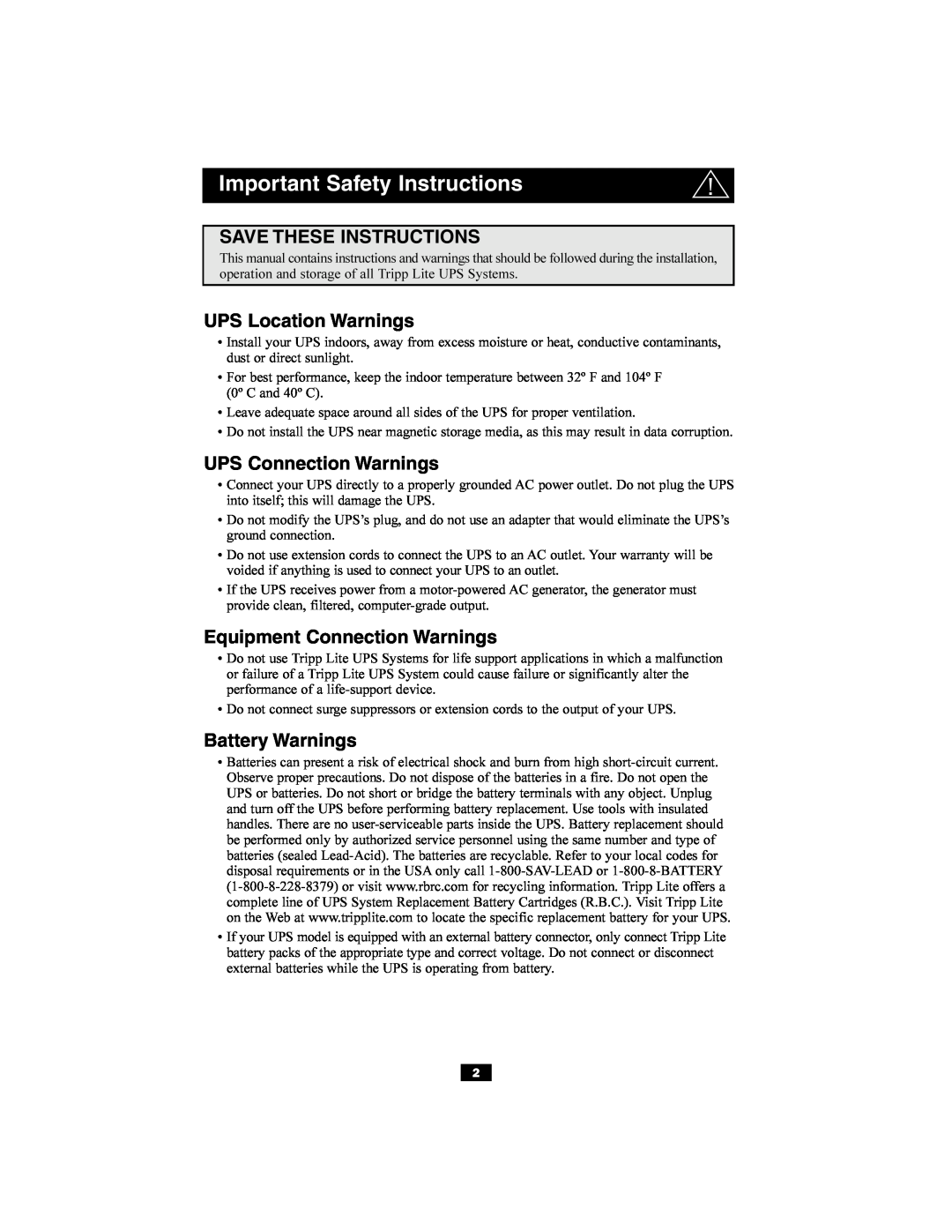 Tripp Lite SMARTINT3000VS Important Safety Instructions, Save These Instructions, UPS Location Warnings, Battery Warnings 