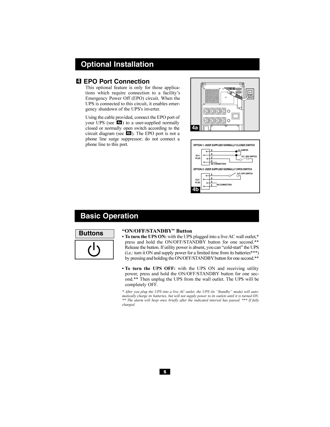 Tripp Lite SMARTINT2200VS Optional Installation, Basic Operation, EPO Port Connection, Buttons, “ON/OFF/STANDBY” Button 