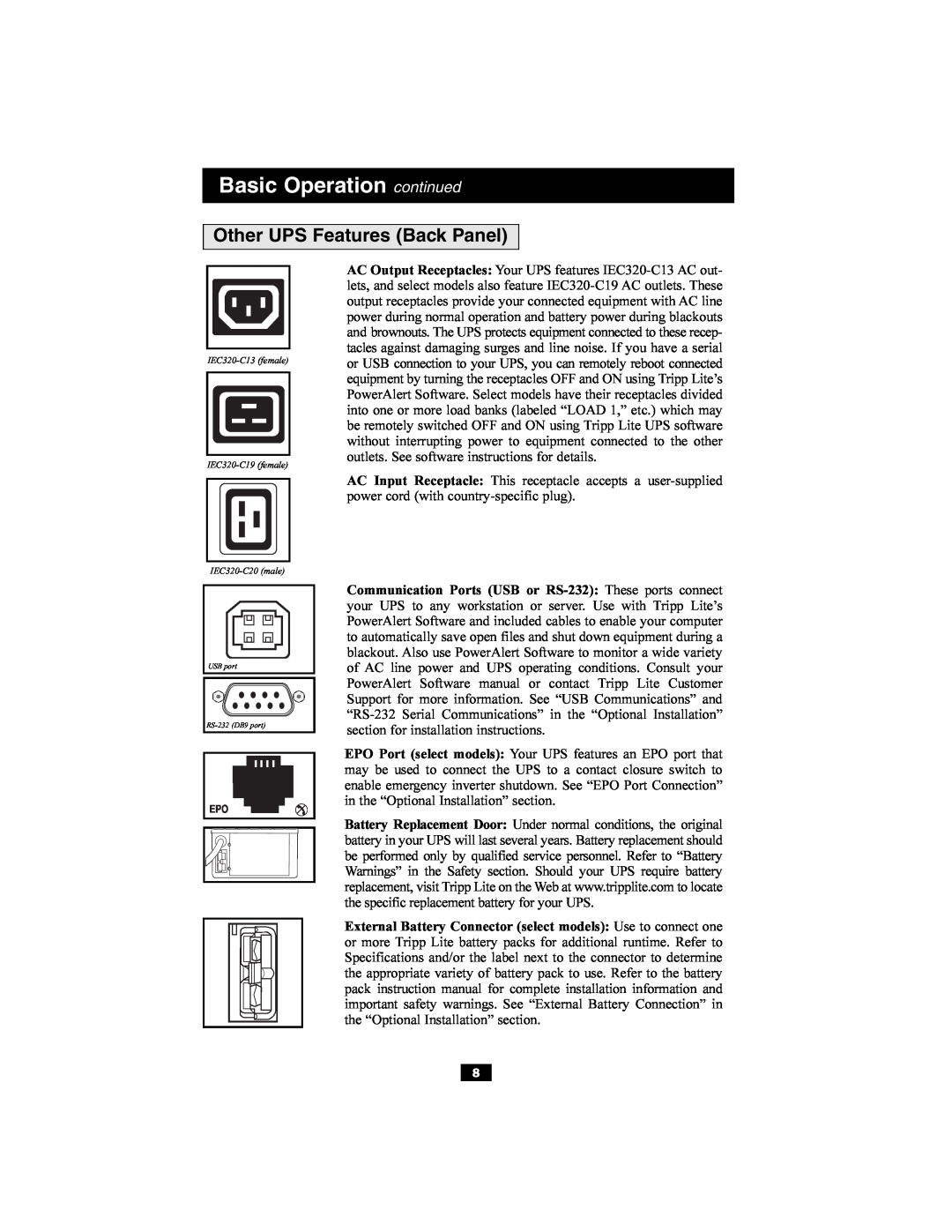 Tripp Lite SMARTINT3000VS, SMARTINT2200VS owner manual Basic Operation continued, Other UPS Features Back Panel 