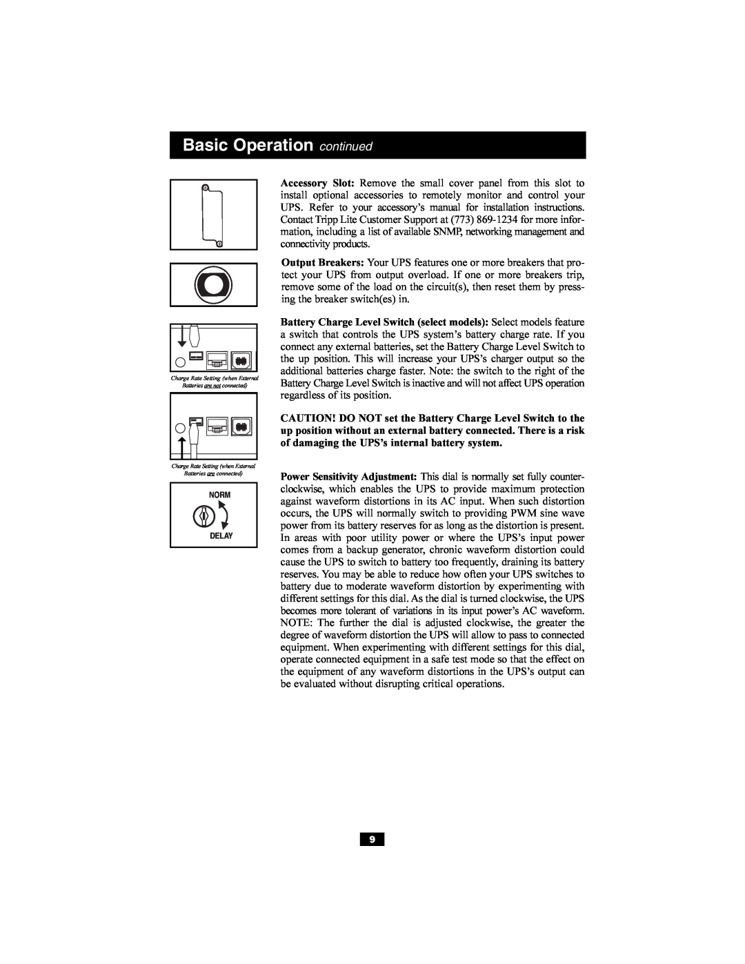 Tripp Lite SMARTINT2200VS Basic Operation continued, Norm Delay, Charge Rate Setting when External Batteries are connected 