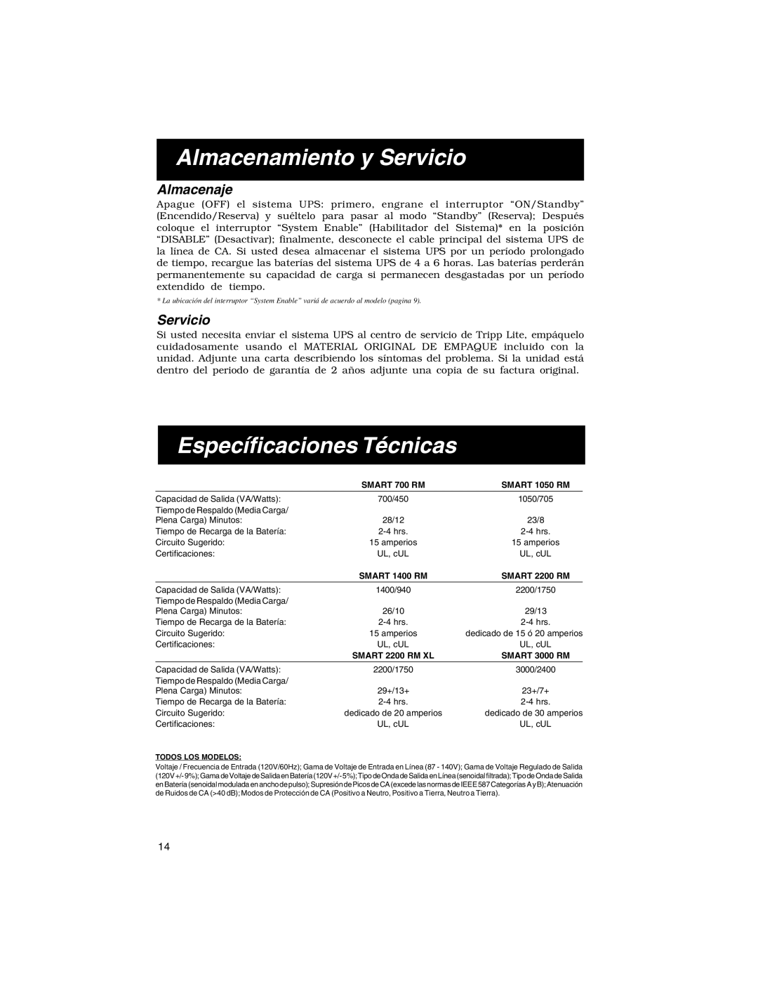 Tripp Lite SmartPro Rackmount owner manual Almacenamiento y Servicio, Específicaciones Técnicas, Almacenaje 