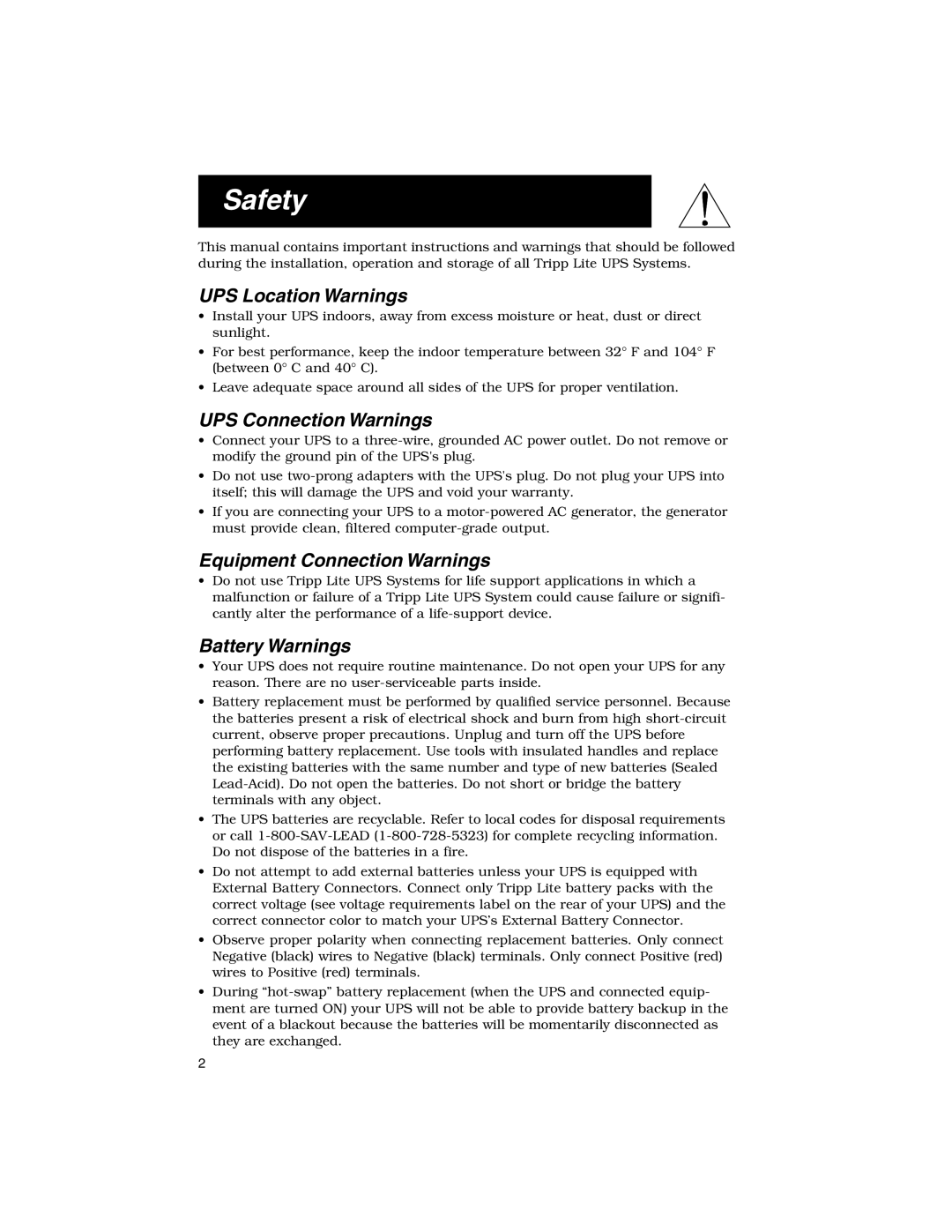 Tripp Lite SmartPro Rackmount Safety, UPS Location Warnings, UPS Connection Warnings, Equipment Connection Warnings 