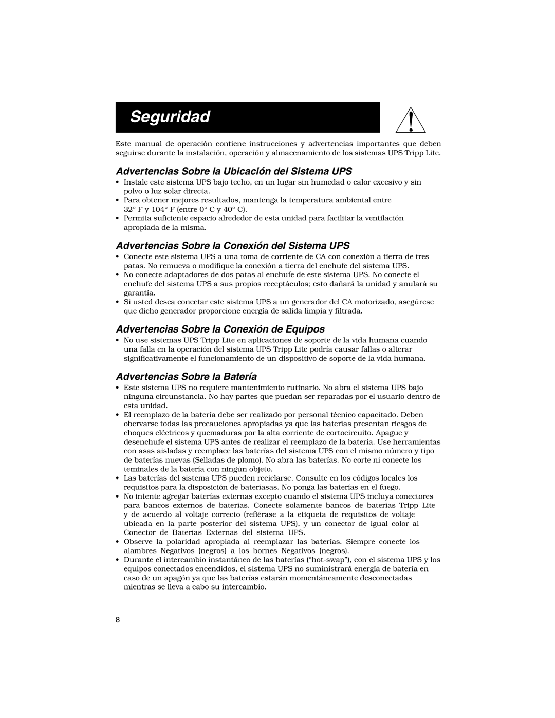 Tripp Lite SmartPro Rackmount Seguridad, Advertencias Sobre la Ubicación del Sistema UPS, Advertencias Sobre la Batería 