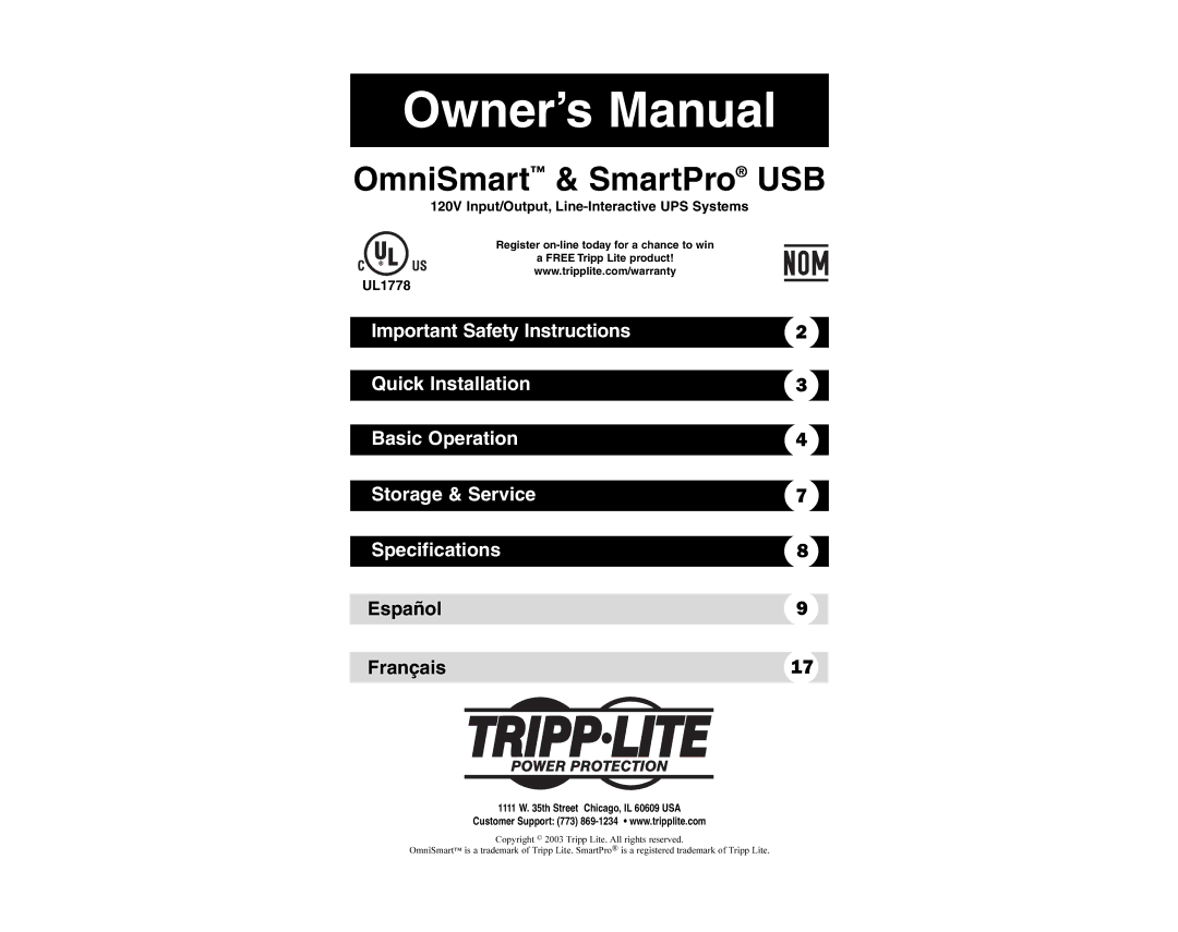 Tripp Lite OmniSmart USB owner manual OmniSmart & SmartPro USB, Español Français 