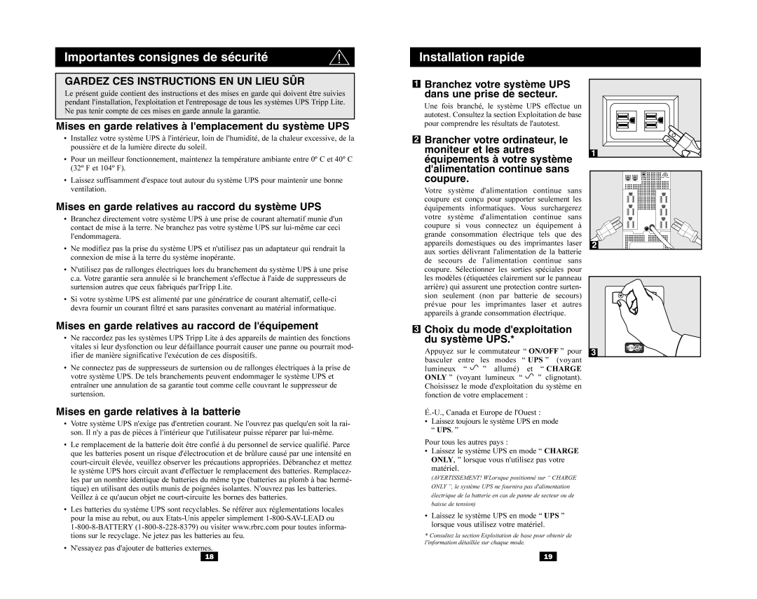 Tripp Lite SmartPro USB, OmniSmart USB owner manual Importantes consignes de sécurité Installation rapide 