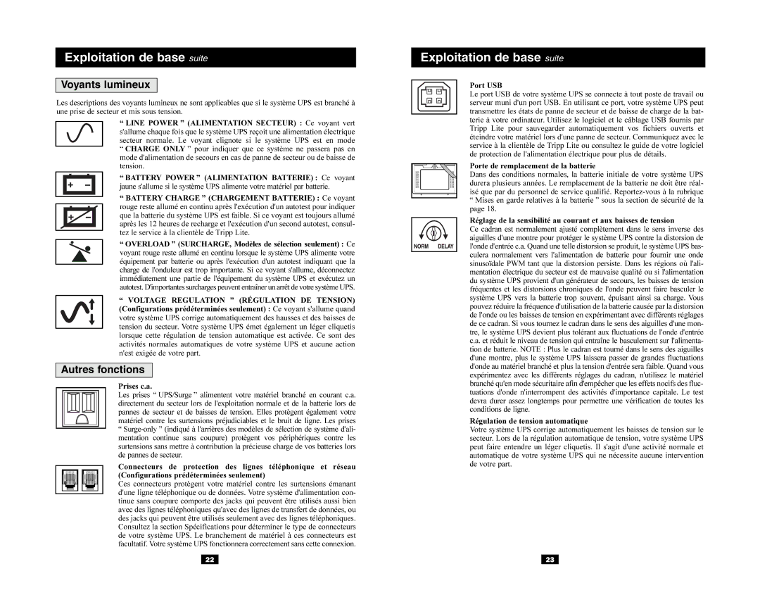 Tripp Lite SmartPro USB, OmniSmart USB owner manual Voyants lumineux, Autres fonctions 