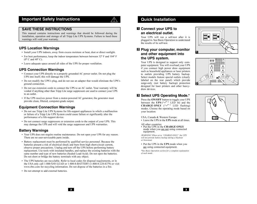 Tripp Lite SmartPro USB, OmniSmart USB owner manual Important Safety Instructions Quick Installation 