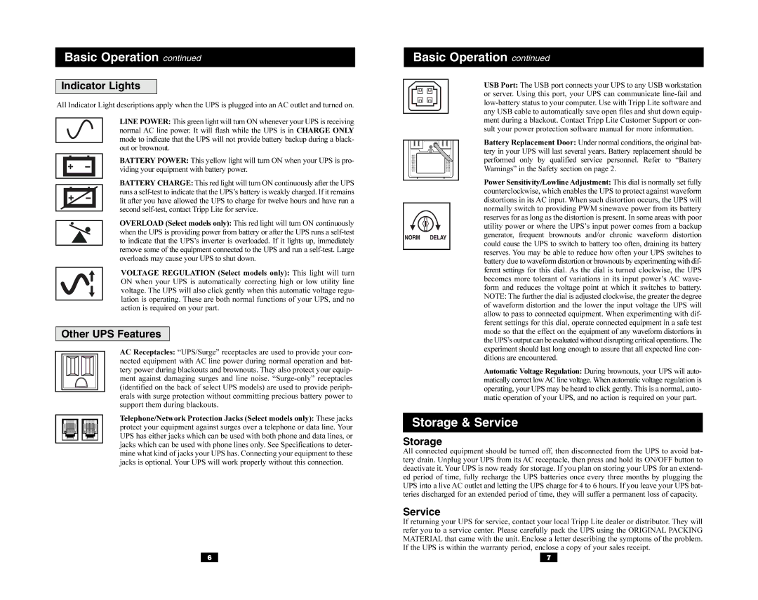 Tripp Lite SmartPro USB, OmniSmart USB owner manual Indicator Lights, Other UPS Features, Storage, Service 