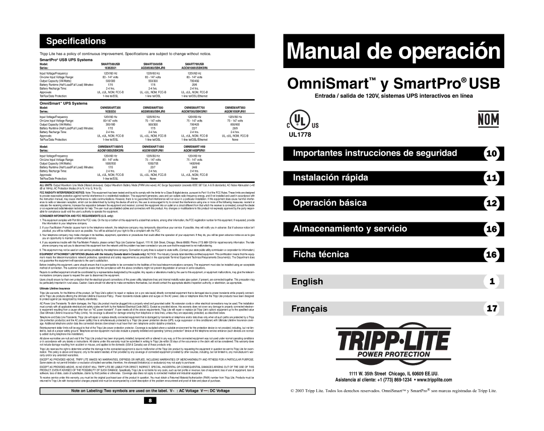 Tripp Lite OmniSmart USB owner manual OmniSmart y SmartPro USB, English Français, Model, Series 