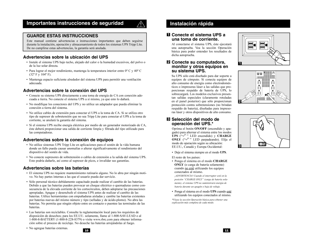 Tripp Lite SmartPro USB, OmniSmart USB owner manual Importantes instrucciones de seguridad Instalación rápida 