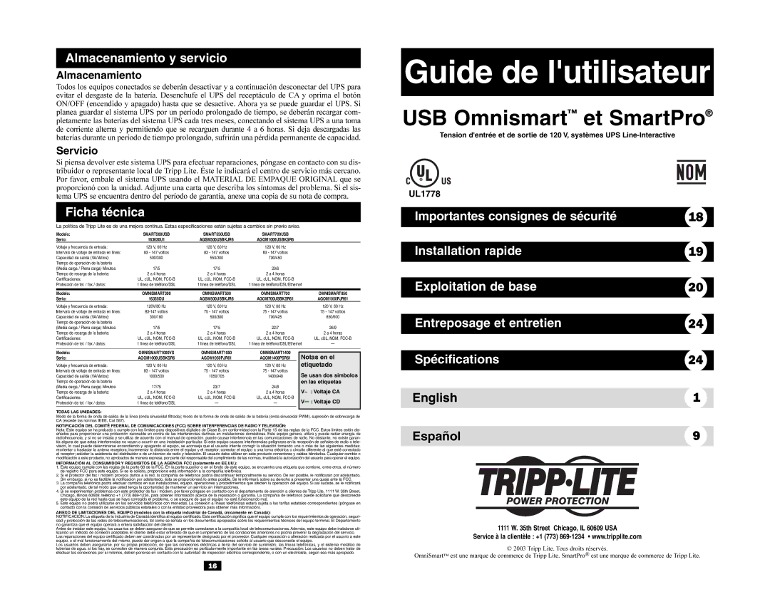 Tripp Lite OmniSmart USB, SmartPro USB owner manual USB Omnismart et SmartPro, English Español, Almacenamiento, Servicio 