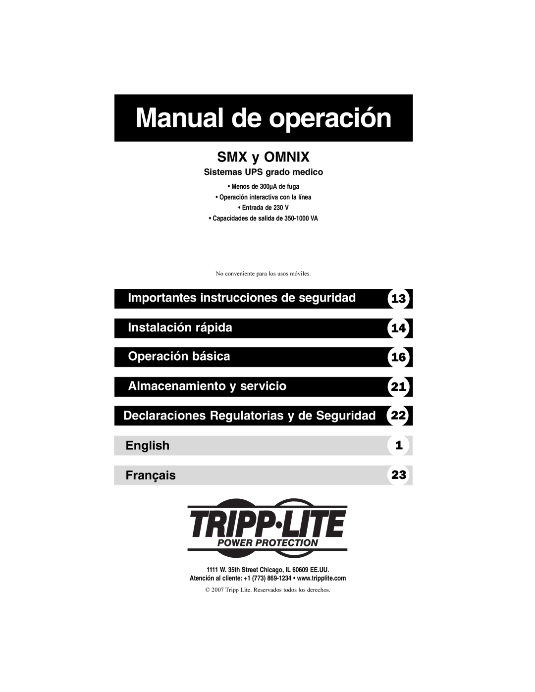 Tripp Lite SMX & OMNIX owner manual Manual de operación, Sistemas UPS grado medico 