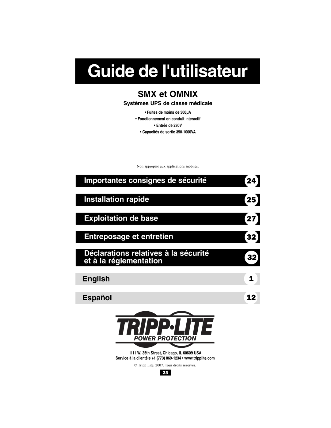 Tripp Lite SMX & OMNIX owner manual Guide de lutilisateur, Systèmes UPS de classe médicale 