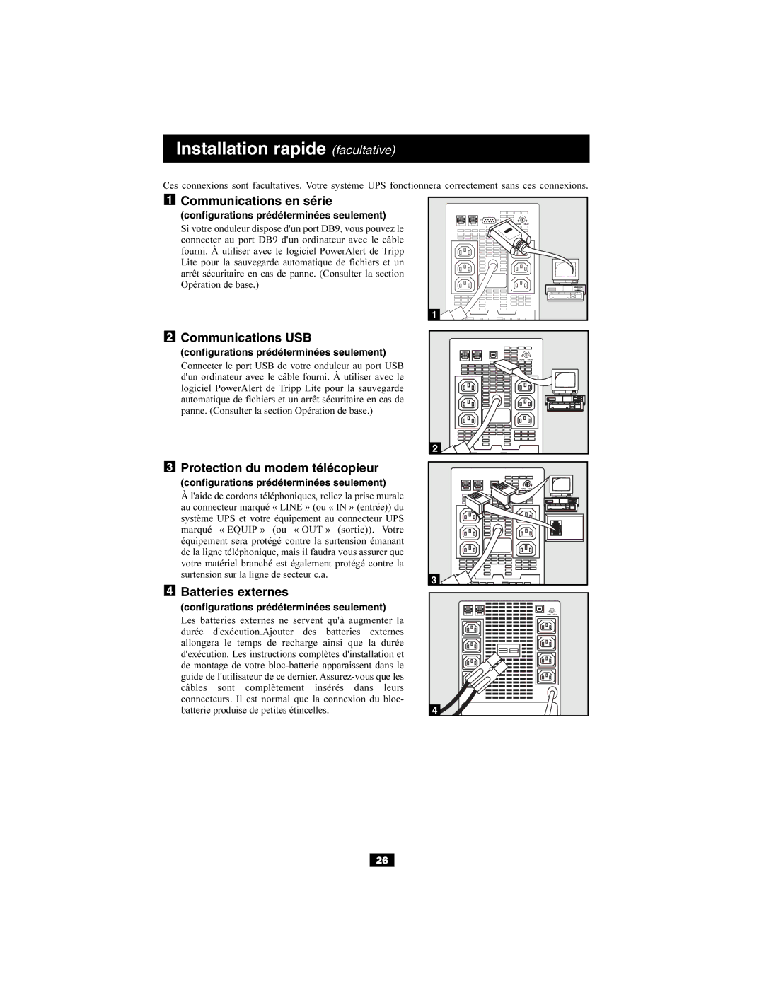 Tripp Lite SMX & OMNIX Installation rapide facultative, Communications en série, Communications USB, Batteries externes 
