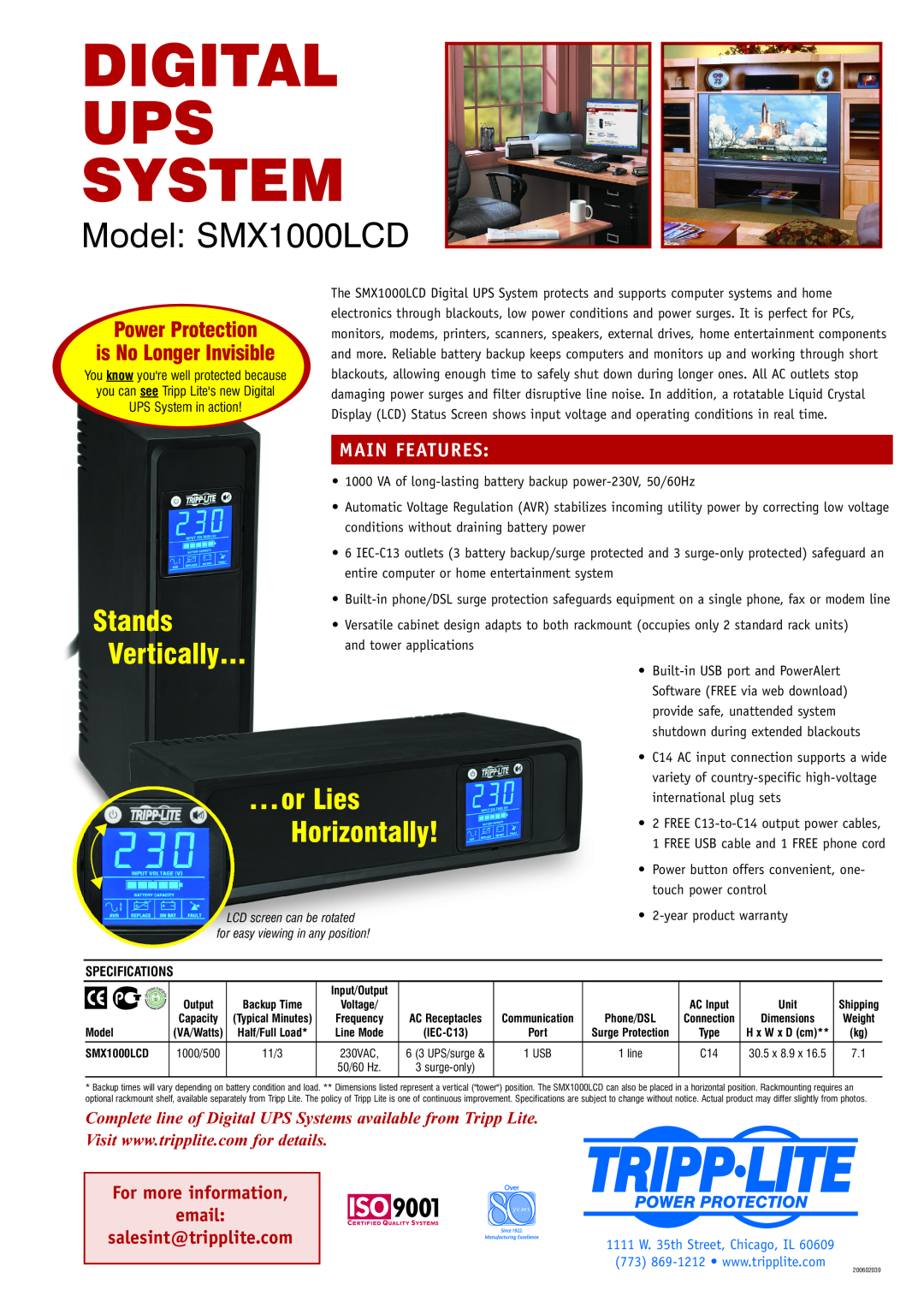 Tripp Lite warranty Digital Ups System, Model SMX1000LCD, Vertically, or Lies, Horizontally, Stands, Main Features 