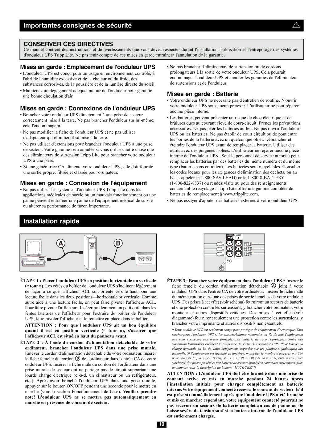 Tripp Lite SMX1000LCD owner manual Importantes consignes de sécurité, Mises en garde Emplacement de londuleur UPS 