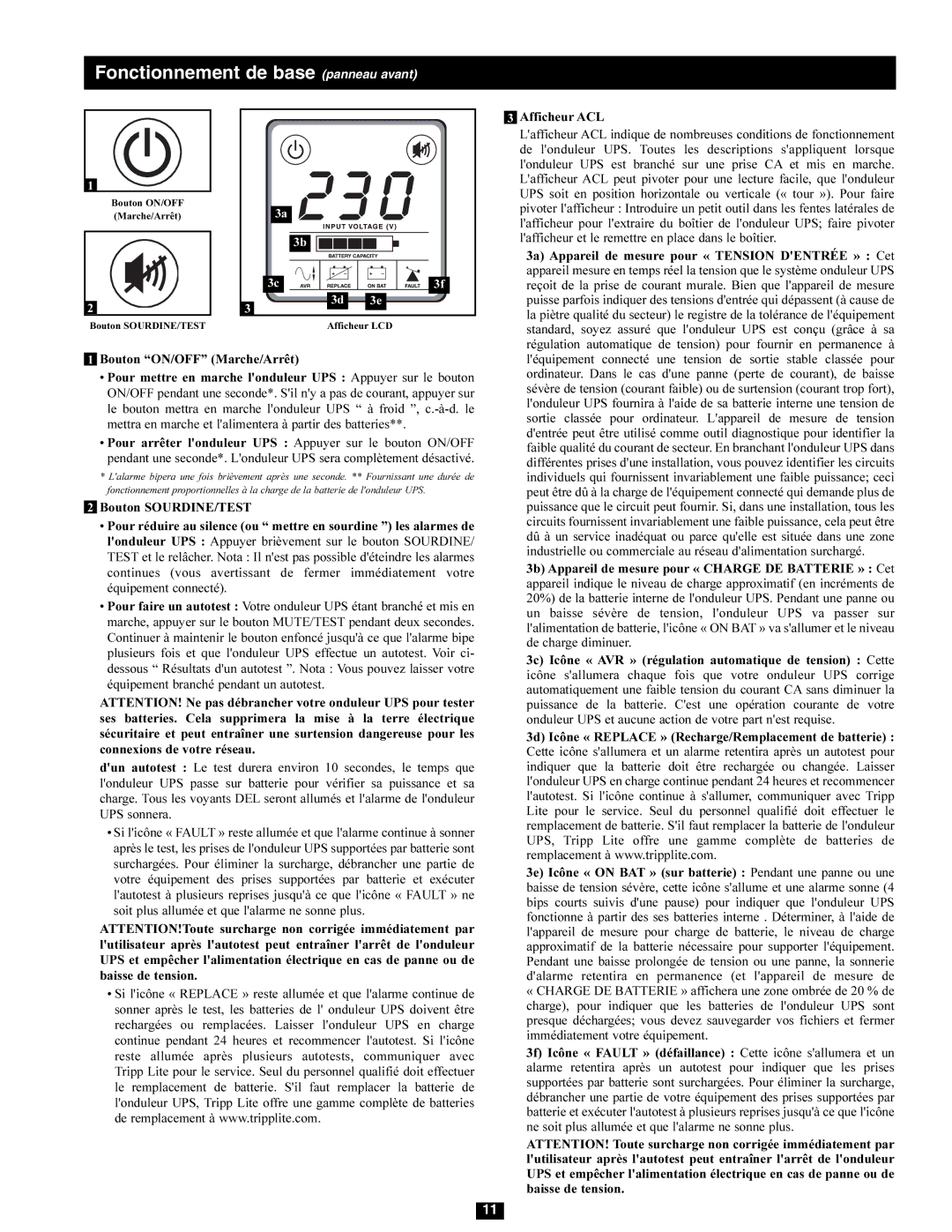 Tripp Lite SMX1000LCD owner manual Fonctionnement de base panneau avant 