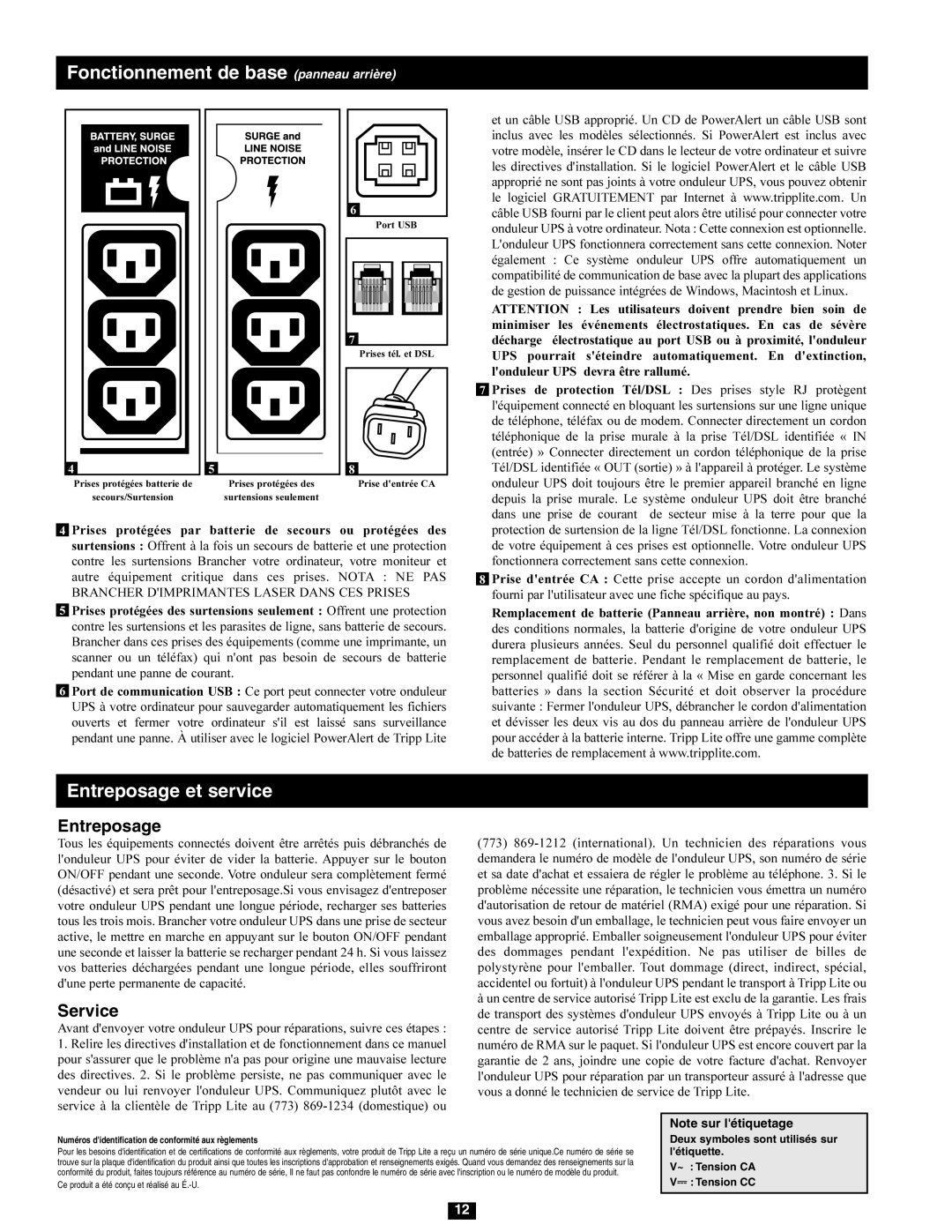 Tripp Lite SMX1000LCD owner manual Fonctionnement de base panneau arrière, Entreposage 