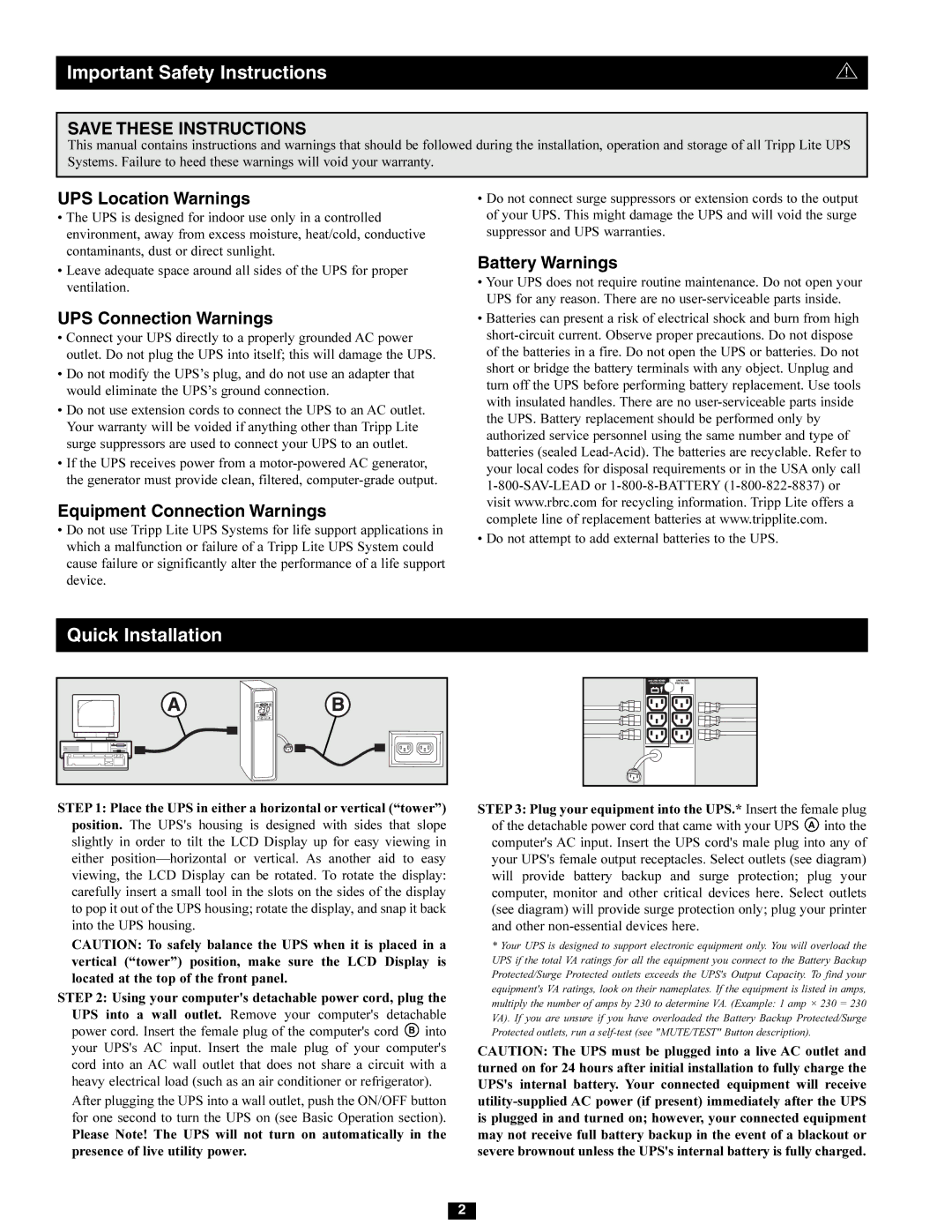 Tripp Lite SMX1000LCD Important Safety Instructions, UPS Location Warnings, UPS Connection Warnings, Battery Warnings 