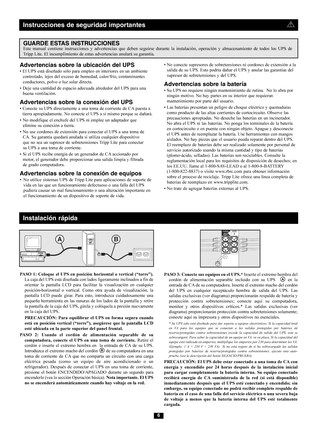 Tripp Lite SMX1000LCD owner manual Instrucciones de seguridad importantes, Advertencias sobre la ubicación del UPS 