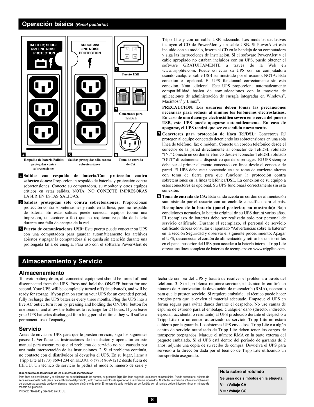 Tripp Lite SMX1000LCD owner manual Almacenamiento, Servicio 