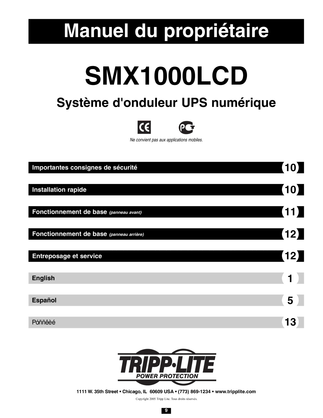 Tripp Lite SMX1000LCD owner manual Manuel du propriétaire 