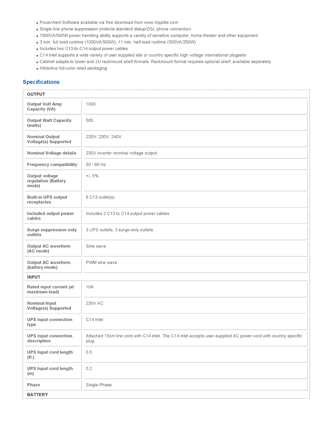 Tripp Lite SMX1000LCD warranty Specifications, Output, Input, Battery 