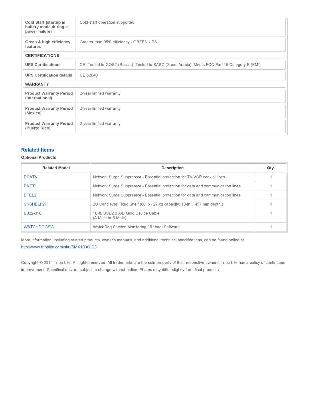 Tripp Lite SMX1000LCD warranty Related Items, Certifications, Warranty 