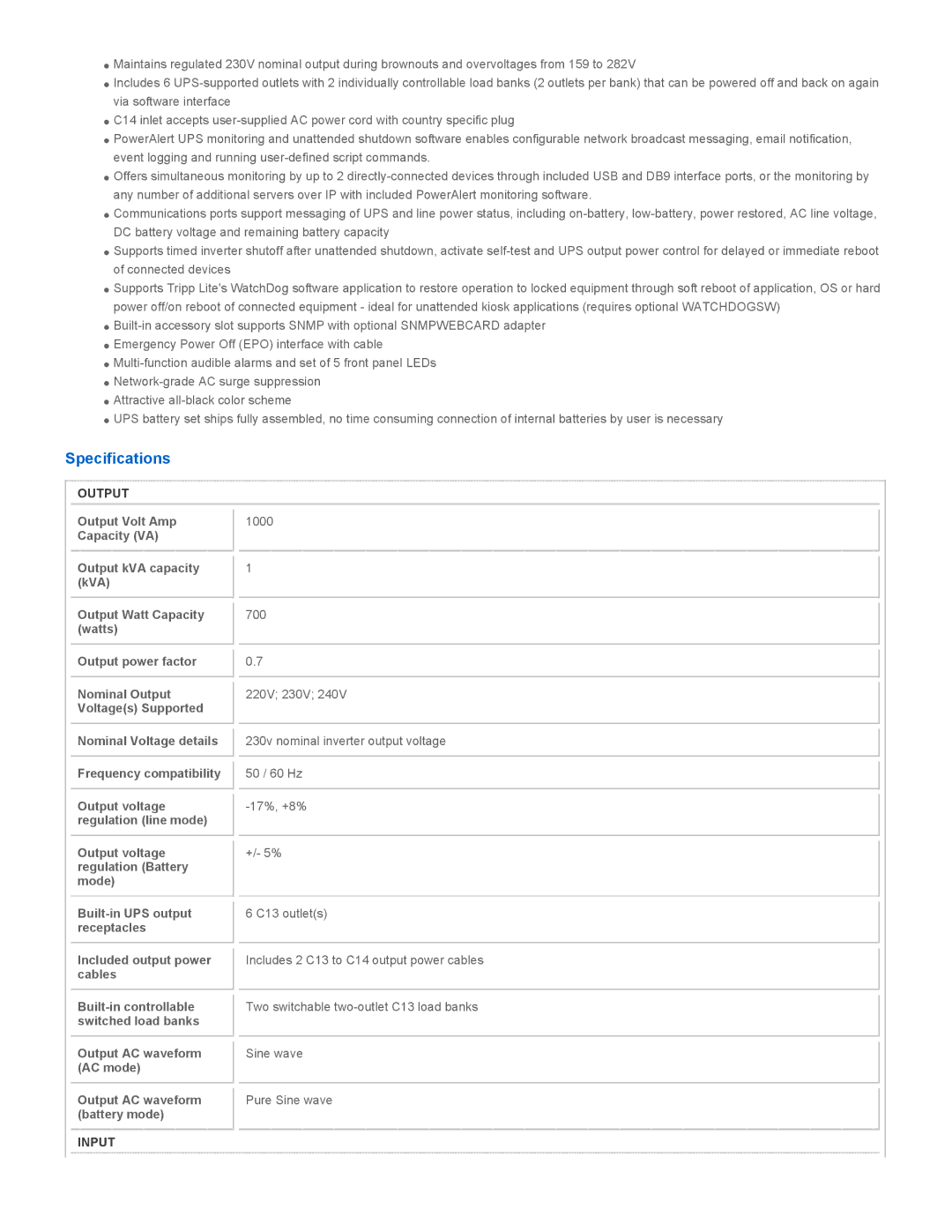 Tripp Lite SMX1000RT2U warranty Specifications, Output, Nominal Voltage details Frequency compatibility, Input 