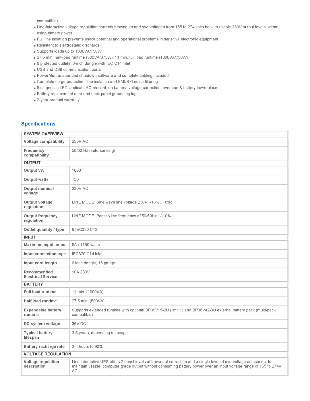 Tripp Lite SMX1200XLHG warranty Specifications, System Overview, Output, Input, Battery 