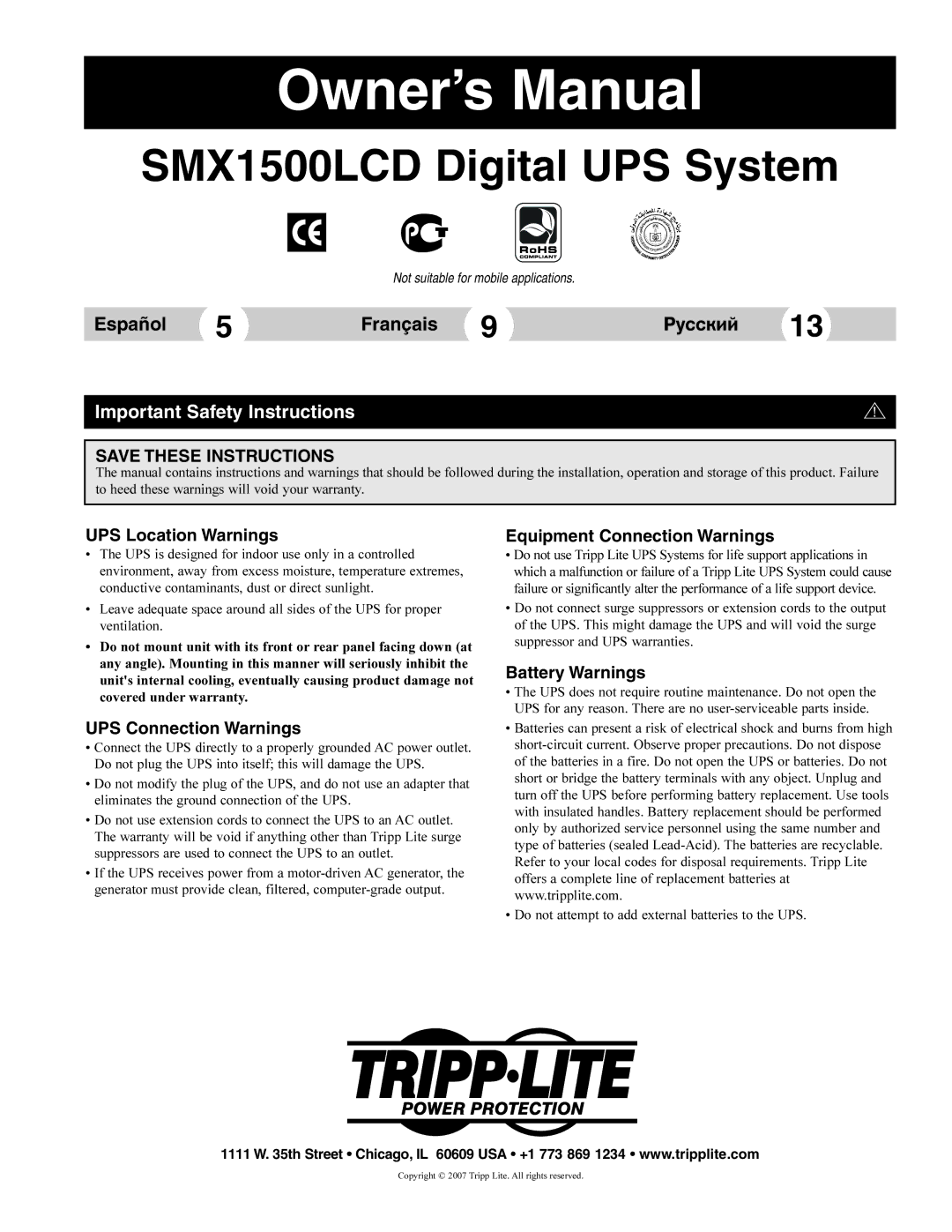 Tripp Lite owner manual SMX1500LCD Digital UPS System, Important Safety Instructions 