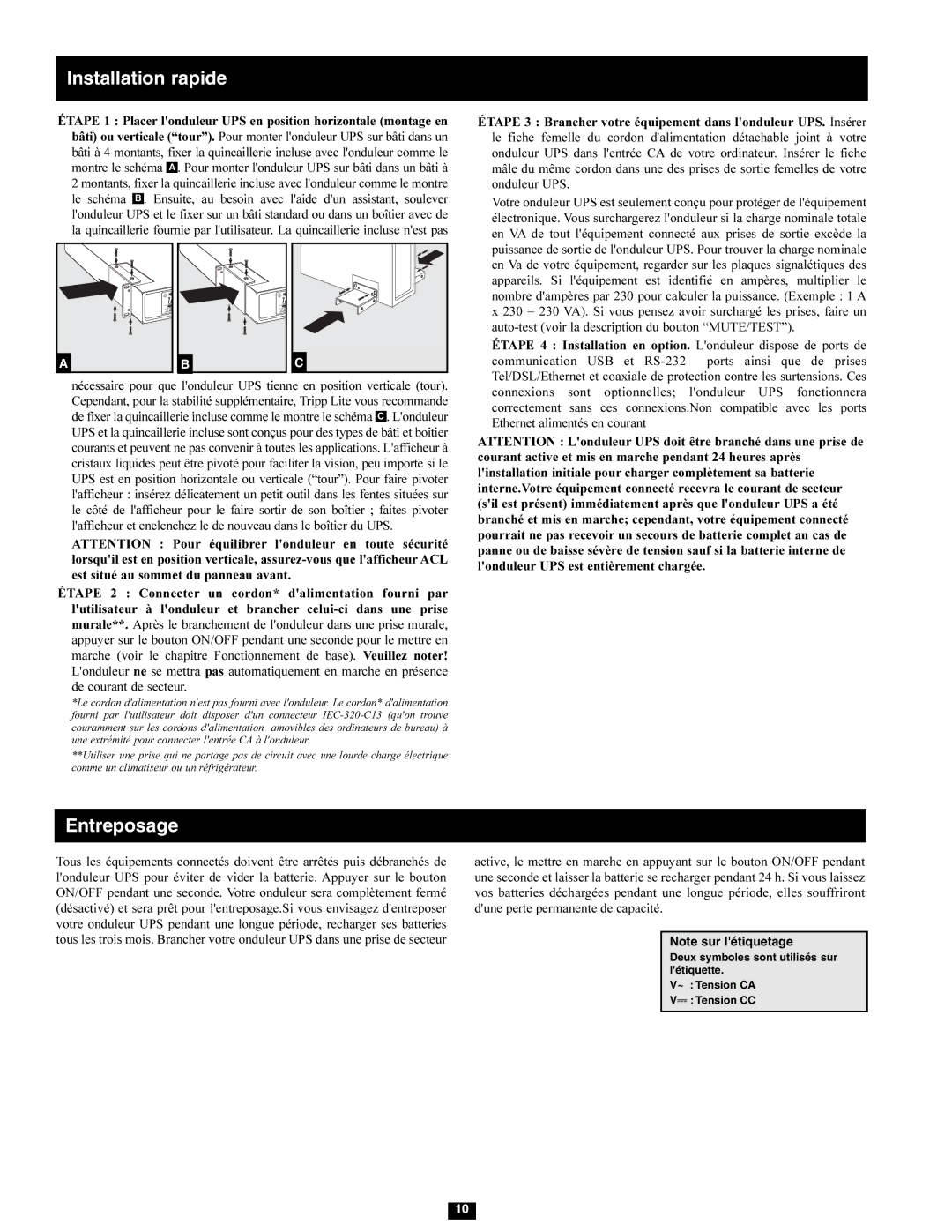 Tripp Lite SMX1500LCD owner manual Installation rapide, Entreposage 