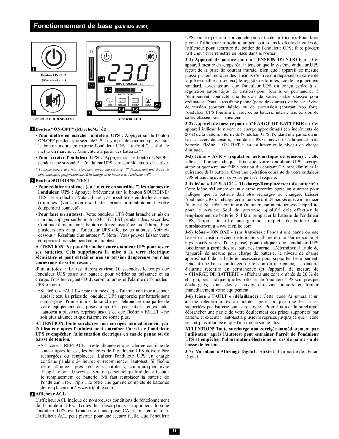 Tripp Lite SMX1500LCD owner manual Fonctionnement de base panneau avant 