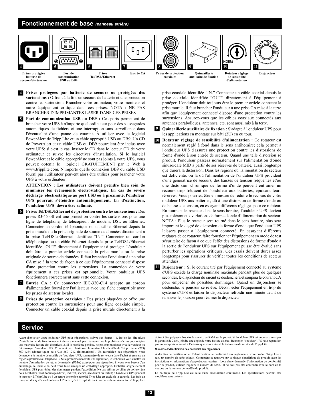 Tripp Lite SMX1500LCD Fonctionnement de base panneau arrière, Numéros didentification de conformité aux règlements 