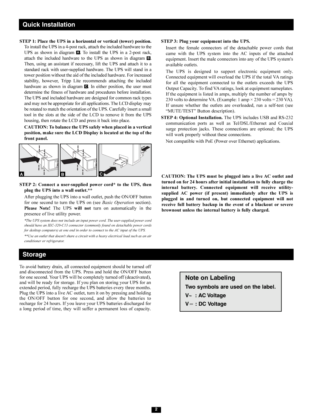 Tripp Lite SMX1500LCD owner manual Quick Installation, Storage 