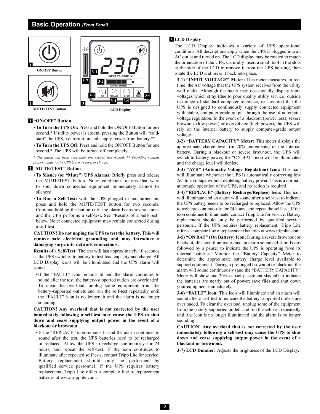 Tripp Lite SMX1500LCD owner manual Basic Operation Front Panel 