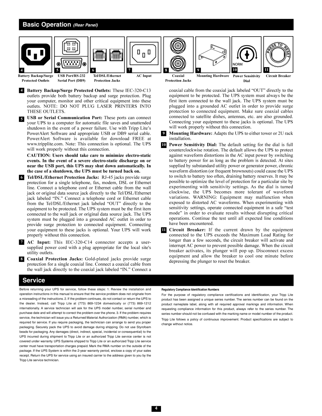 Tripp Lite SMX1500LCD owner manual Basic Operation Rear Panel, Service 