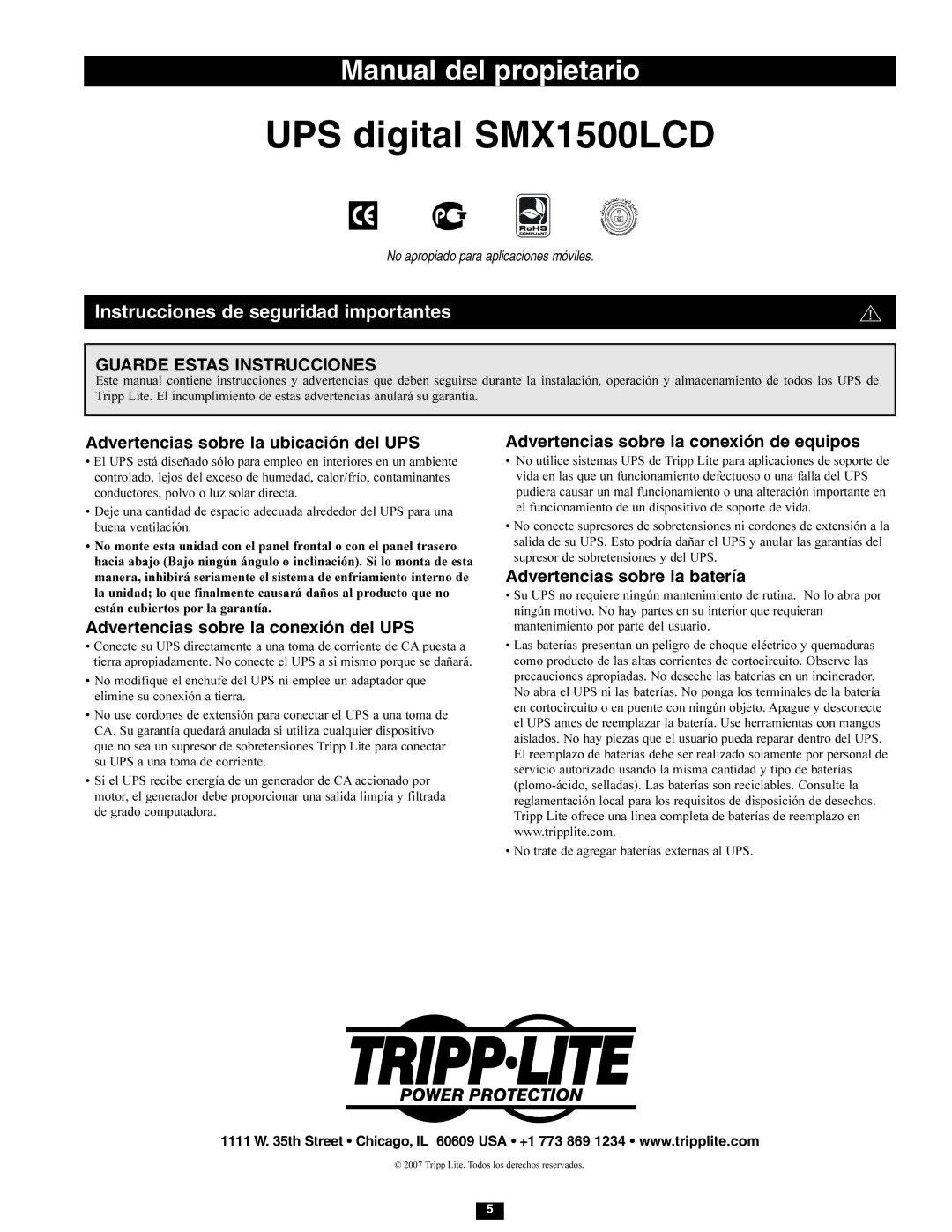 Tripp Lite owner manual UPS digital SMX1500LCD, Instrucciones de seguridad importantes 