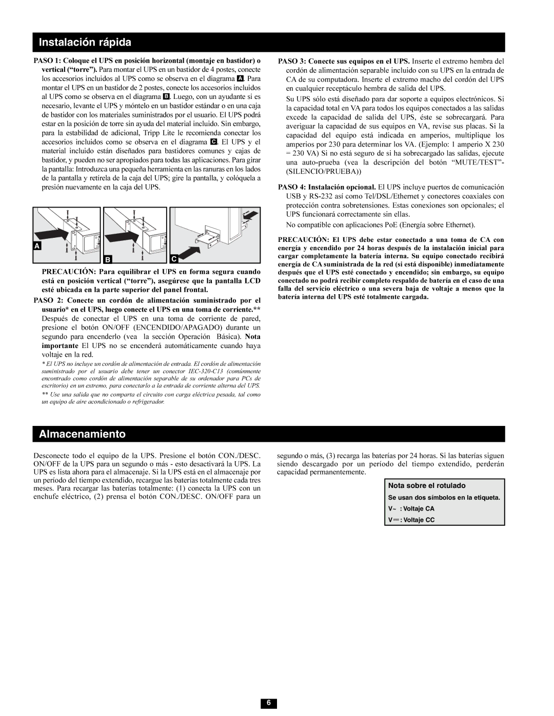 Tripp Lite SMX1500LCD owner manual Instalación rápida, Almacenamiento 