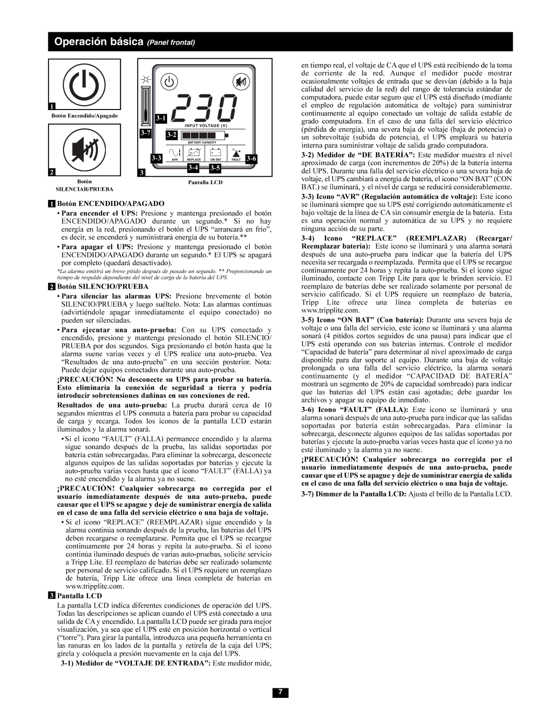 Tripp Lite SMX1500LCD owner manual Operación básica Panel frontal, 3-7 