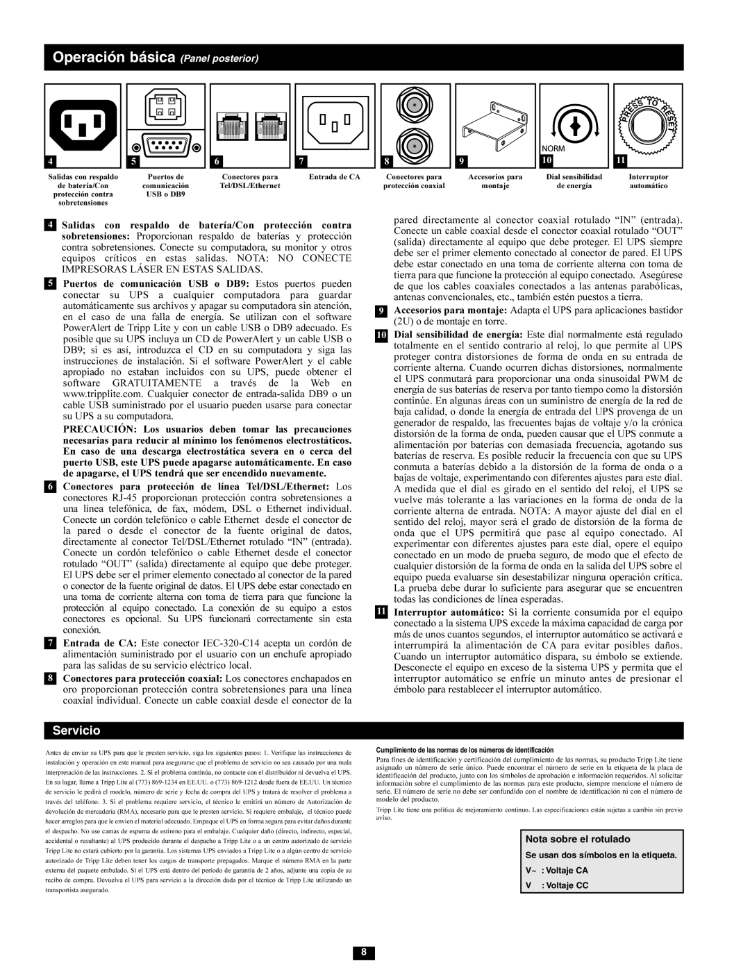 Tripp Lite SMX1500LCD owner manual Operación básica Panel posterior, Servicio 