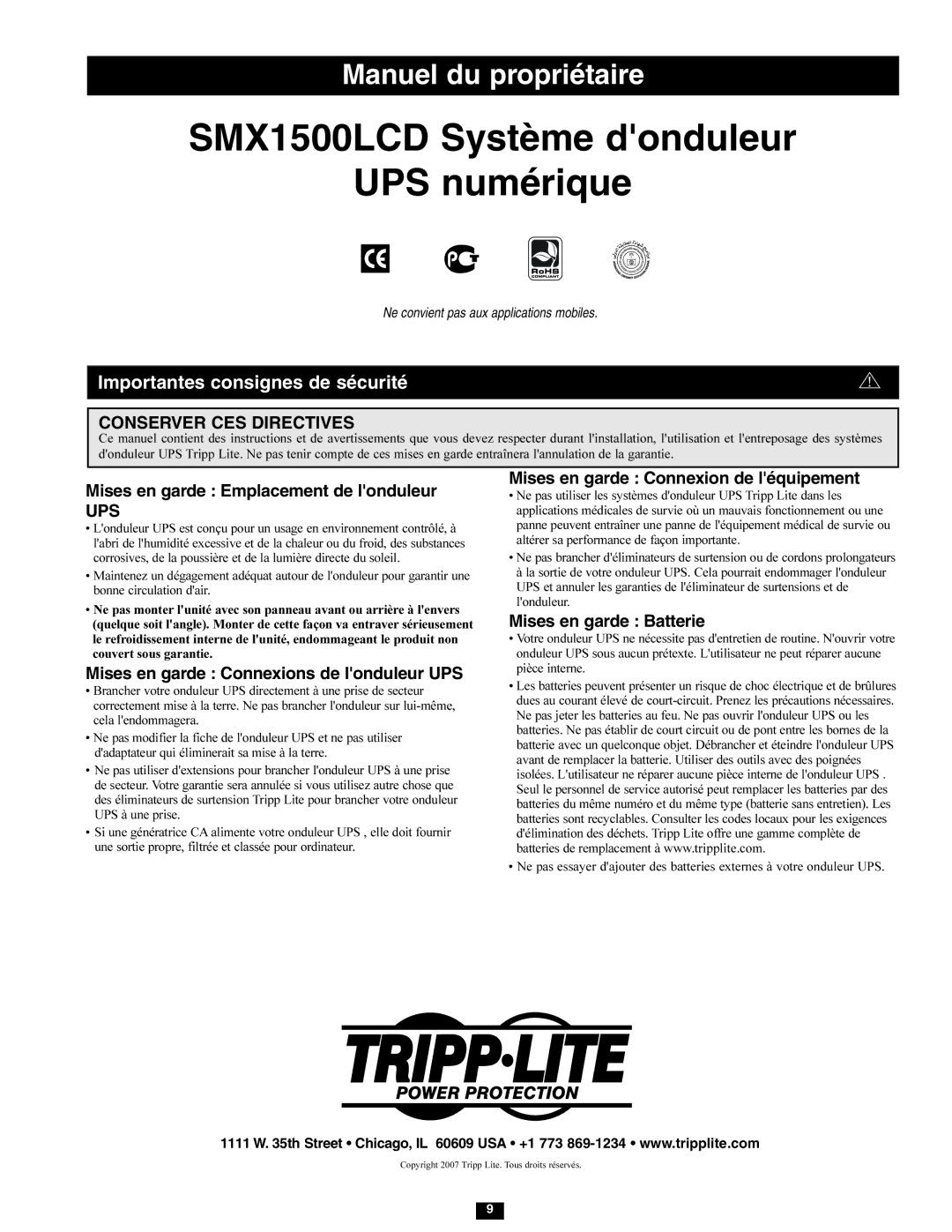 Tripp Lite owner manual SMX1500LCD Système donduleur UPS numérique, Importantes consignes de sécurité 