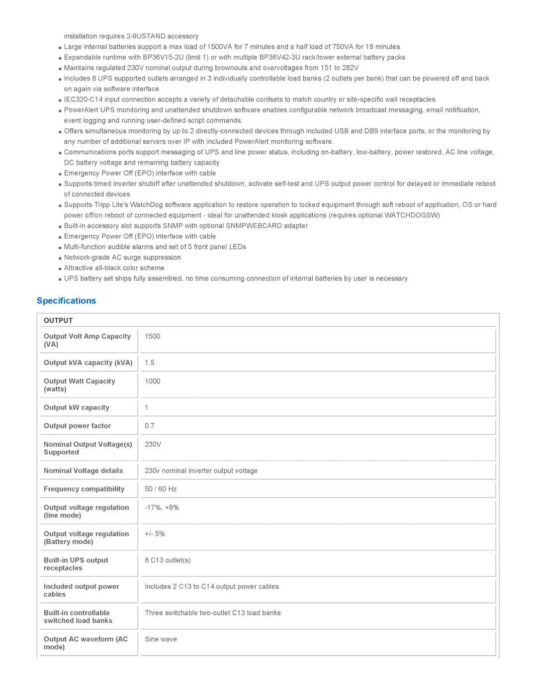 Tripp Lite SMX1500XLRT2U warranty Specifications, Output AC waveform AC mode 