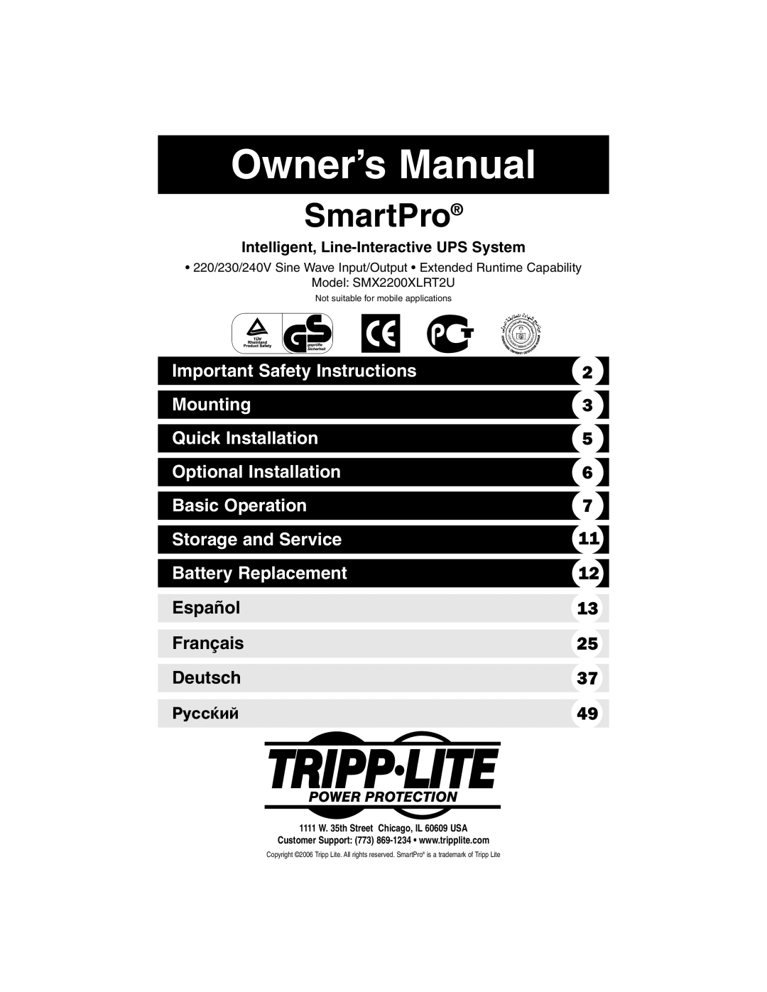 Tripp Lite SMX2200XLRT2U owner manual Owner’s Manual, SmartPro, Important Safety Instructions, Mounting, Basic Operation 
