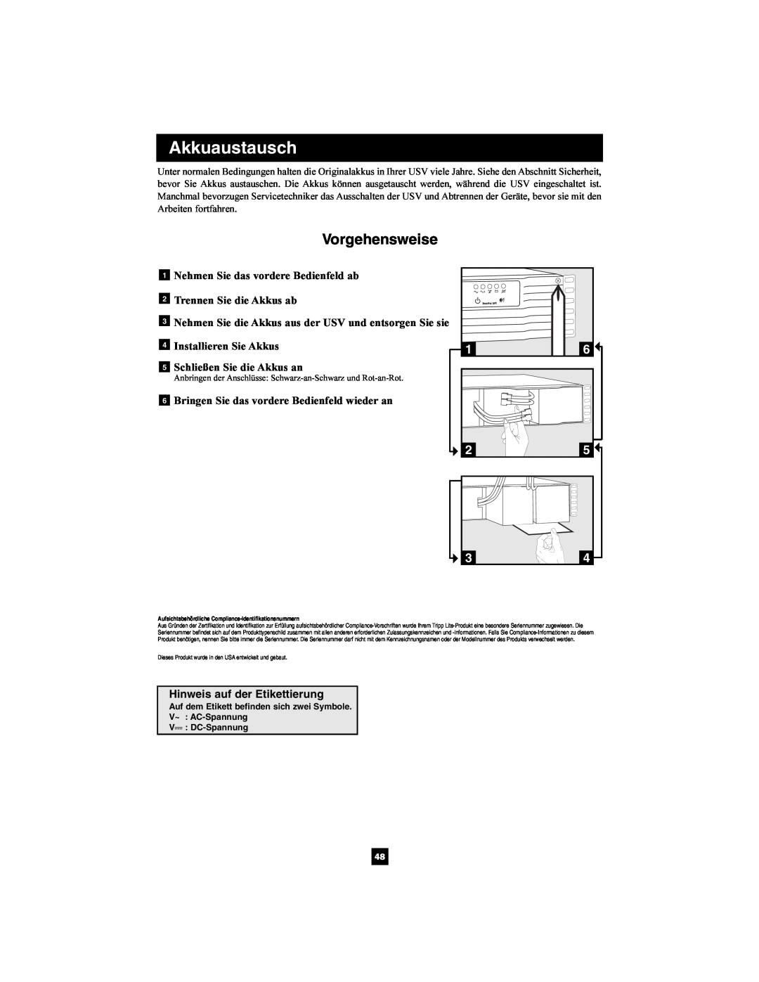 Tripp Lite SMX2200XLRT2U owner manual Akkuaustausch, Vorgehensweise, Hinweis auf der Etikettierung, V DC-Spannung 