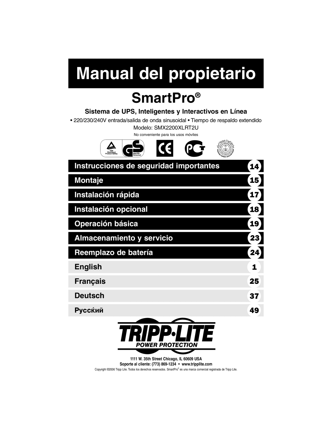 Tripp Lite SMX2200XLRT2U owner manual Manual del propietario, Sistema de UPS, Inteligentes y Interactivos en Línea 