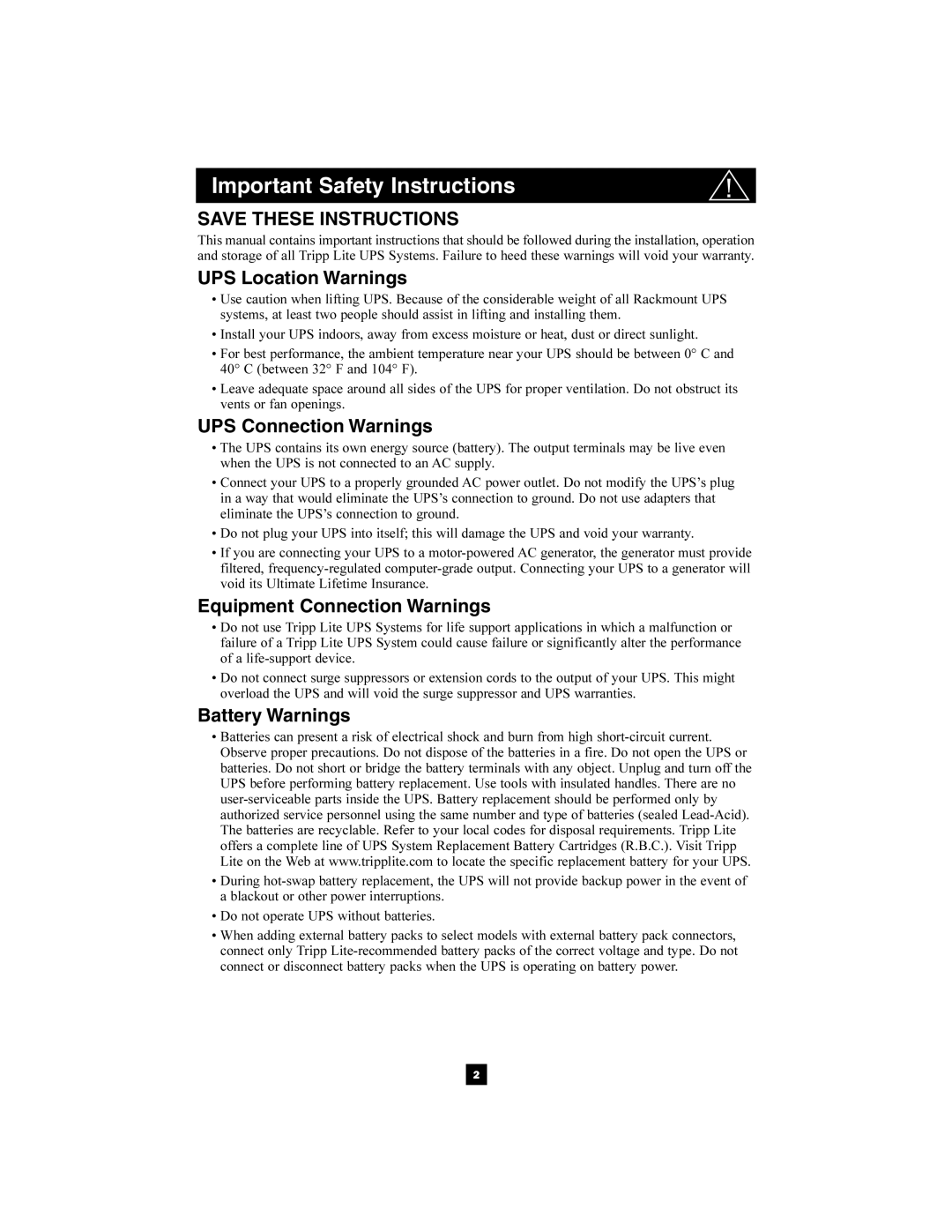 Tripp Lite SMX2200XLRT2U Important Safety Instructions, UPS Location Warnings, UPS Connection Warnings, Battery Warnings 