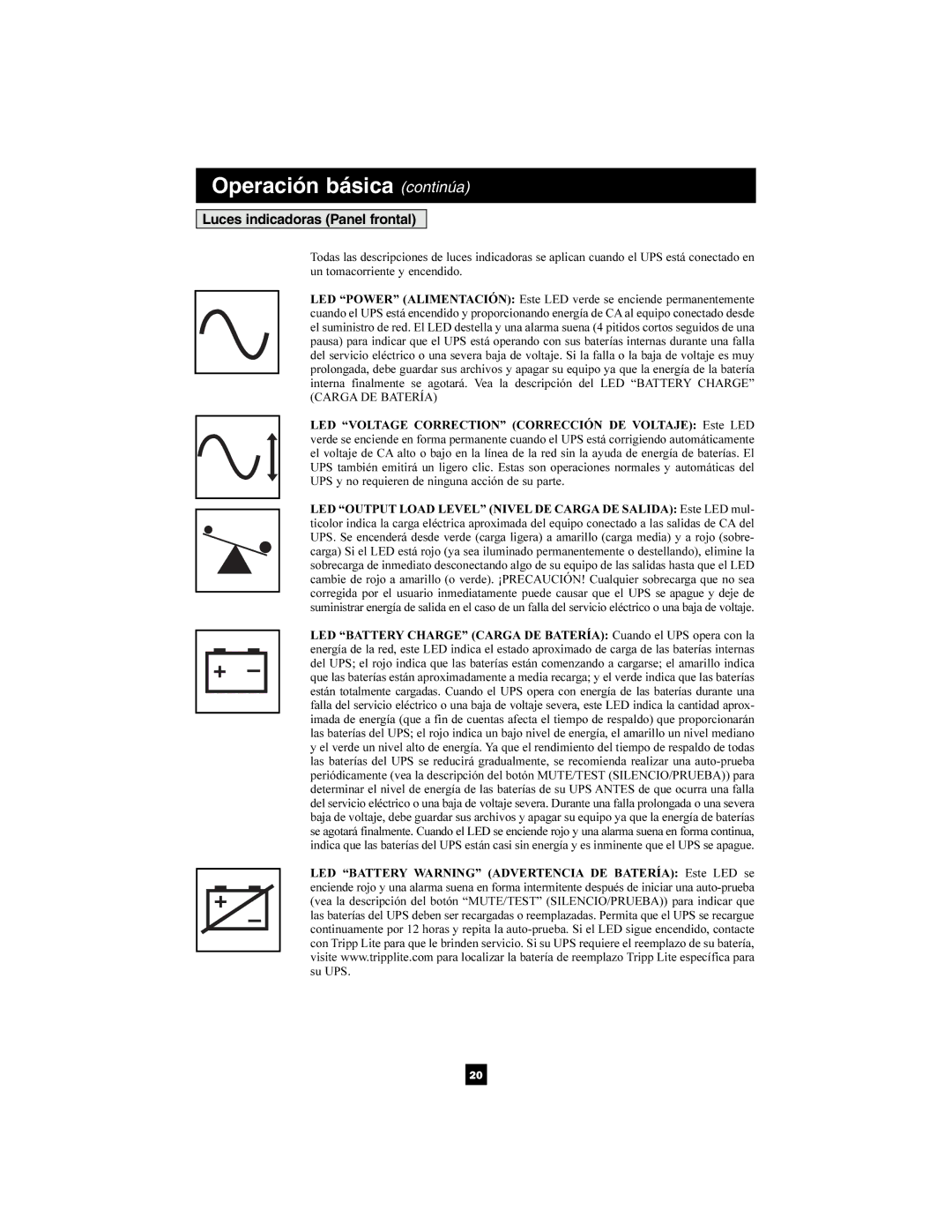 Tripp Lite SMX2200XLRT2U owner manual Operación básica continúa, Luces indicadoras Panel frontal 