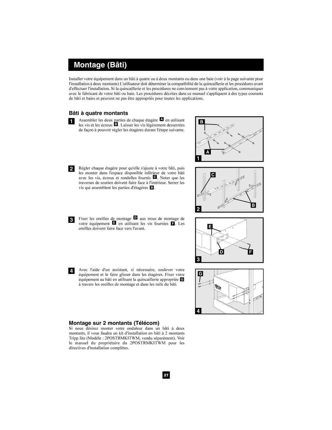 Tripp Lite SMX2200XLRT2U owner manual Montage Bâti, Bâti à quatre montants, Montage sur 2 montants Télécom 